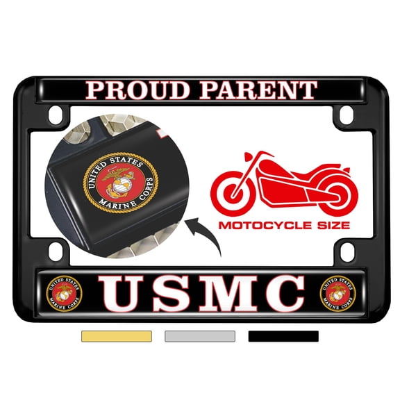 [Officially Licensed USMC Product] - Motorcycle Domed Custom-Made Personalized Metal License Plate Frame with USMC Proud Parent Design - Black
