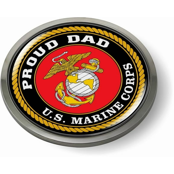 BestLicensePlateFrames - U.S. Marine Corps Proud Dad, USMC 3D Domed CAR Emblem Badge Sticker Chrome Metal Bezel - Official U.S. Marine Corps Licensed Product