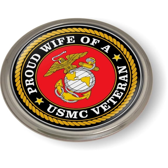 BestLicensePlateFrames - Proud Wife of a USMC Veteran 3D Domed CAR Emblem Badge Sticker Semi-Flexible Aluminum Bezel - Official U.S. Marine Corps Licensed Product