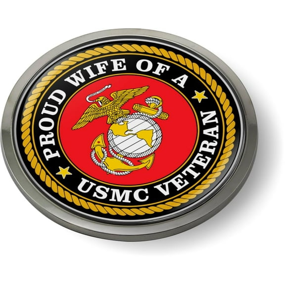 BestLicensePlateFrames - Proud Wife of a USMC Veteran 3D Domed CAR Emblem Badge Sticker Chrome Metal Bezel - Official U.S. Marine Corps Licensed Product
