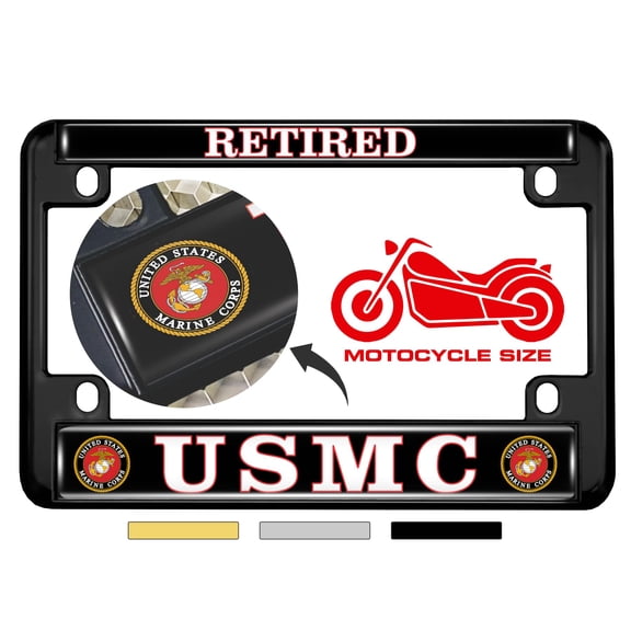 [Officially Licensed US Marine Corps Product] - Motorcycle Domed Custom-Made Personalized Metal License Plate Frame Frame with USMC Retired Design - Black