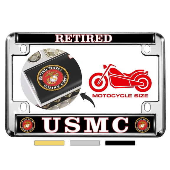 [Officially Licensed US Marine Corps Product] - Motorcycle Domed Custom-Made Personalized Metal License Plate Frame Frame with USMC Retired Design - Chrome