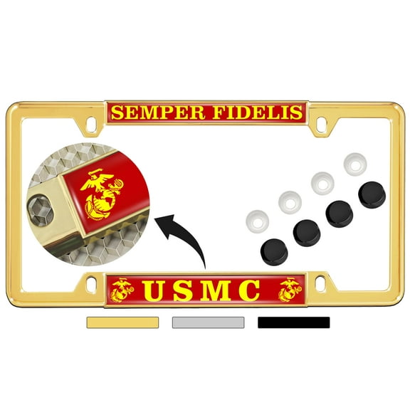 Officially Licensed U.S. Marine Corps Personalized Thin Top 4-Hole Metal License Plate Frame with Screw Caps