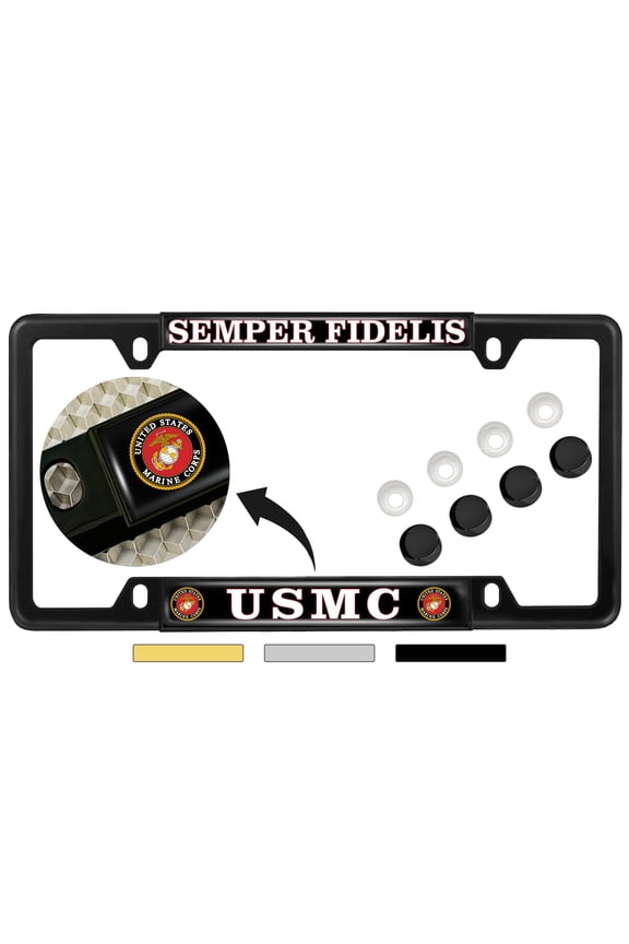 [Officially Licensed US Marine Corps Product] - USMC Semper Fidelis - Domed Custom-Made Personalized Narrow (Thin) Top 4 Hole Metal Car License Plate Frame with Free caps - Black (Qty: 1 Frame)