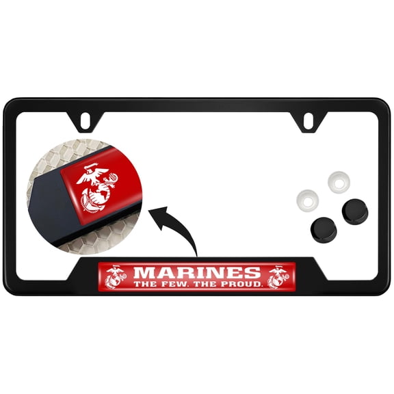 [Officially Licensed USMC Product] - Stainless Steel Matte Black CAR 2-Hole - Domed Custom-Made Corrosion-Resistant License Plate Frame with Marines. The Few. The Proud. Design & Free caps - (Qty: 1)
