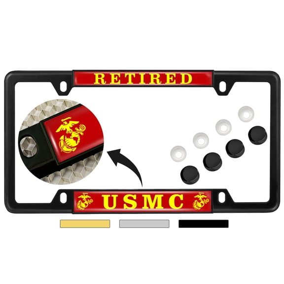 [Officially Licensed US Marine Corps Product] - Retired USMC with EGA Emblem - Domed Custom-Made Personalized Thin Top 4-Hole Metal Car License Plate Frame with Free caps - Black Frame (Qty: 1)