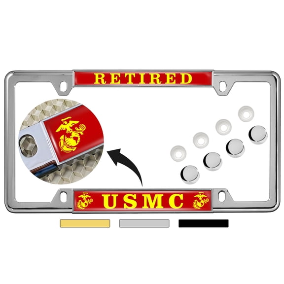 [Officially Licensed US Marine Corps Product] - Retired USMC with EGA Emblem - Domed Custom-Made Personalized Thin Top 4-Hole Metal Car License Plate Frame with Free caps - Chrome Frame (Qty: 1)