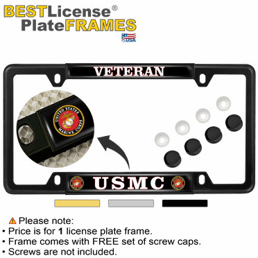 4 Black License Plate Screw Cap Covers – USMC Marines EGA Emblem – Hogking Speed Shop