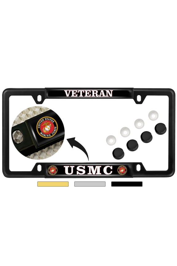[Officially Licensed US Marine Corps Product] - USMC Veteran - Domed Custom-Made Personalized Narrow (Thin) Top 4 Hole Metal Car License Plate Frame with Free caps - Black Frame (Qty: 1)