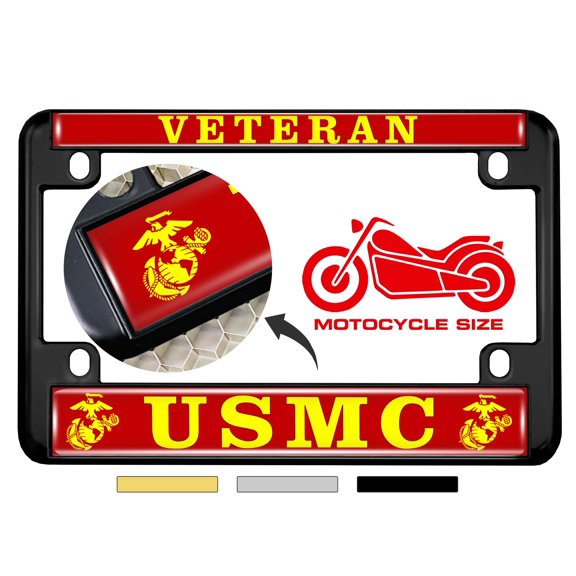 [Officially Licensed US Marine Corps Product] - Motorcycle Domed Custom-Made Personalized Metal License Plate Frame Frame with USMC Veteran and EGA Emblem Design - Black