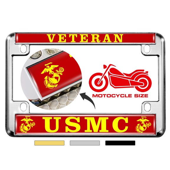 [Officially Licensed US Marine Corps Product] - Motorcycle Domed Custom-Made Personalized Metal License Plate Frame Frame with USMC Veteran and EGA Emblem Design - Chrome