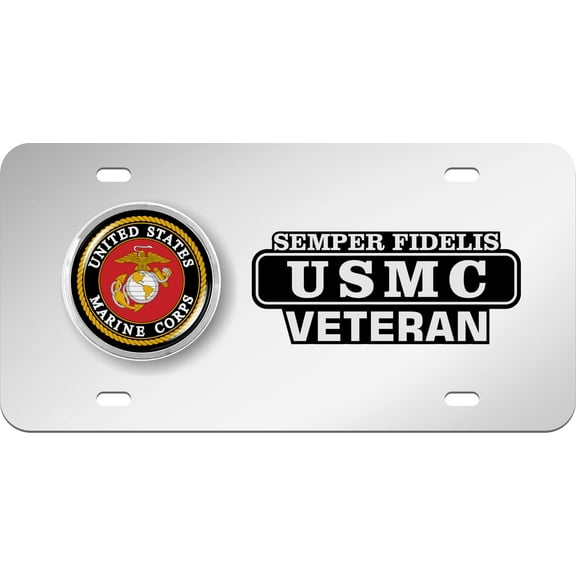 [Officially Licensed USMC Product] - Veteran USMC Semper Fidelis U.S. Marine Corps 4-Hole Patriotic Stainless Steel Metal License Plate with Chrome Emblem – Durable Military Tribute Auto Tag