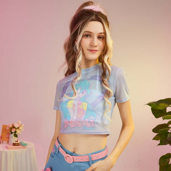 [Officially Licensed] Winx Club Bloom Women's Crop Top Crew Neck T-shirt Paired with a White Camisole, M