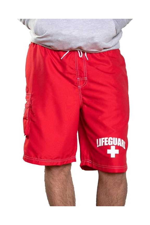 Officially Red Lifeguard Men's Board Shorts Swim Trunks with Side Pocket, Men and Boys, Great for Beach & Pool