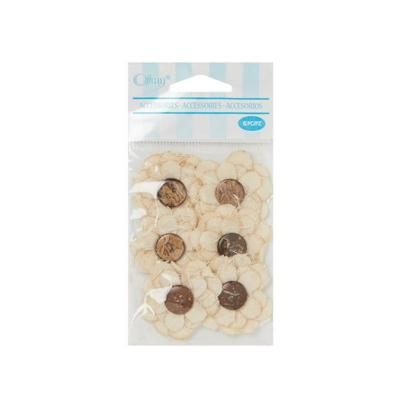 Offray Accessories, Natural Linen Flower with Button Center Accessory for Crafting, 6 Count