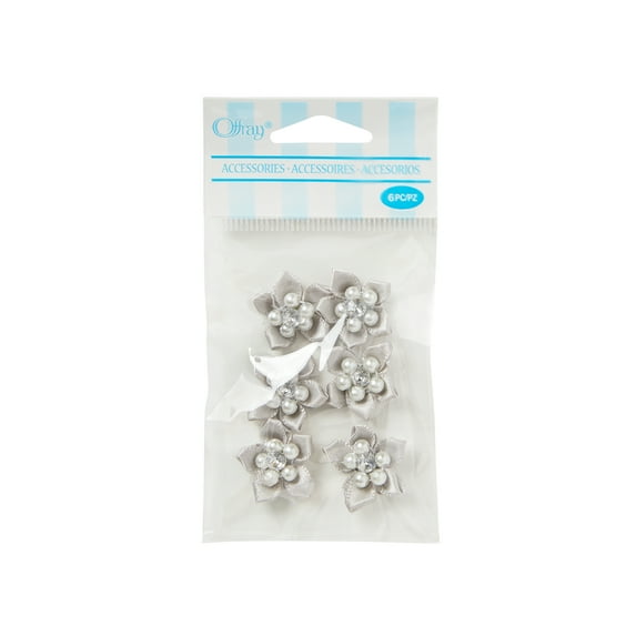Offray accessories, silver 3/4 inch 5 petal gem flower accessor yard for wedding, hair clips, and scrapbooking, 6 count, 1 package