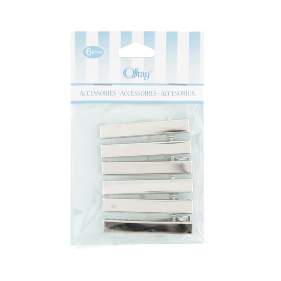 Offray Accessories, Silver Flatop Metal Hair Clips great for DIY hair bows, 6 count, 1 Package