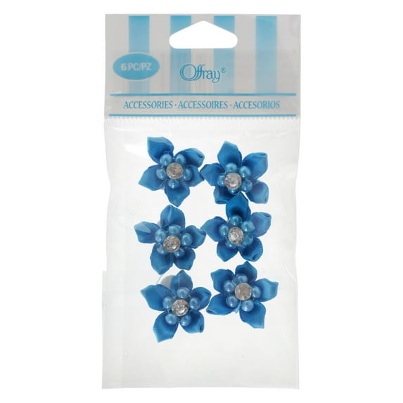 Offray Accessories, Turquoise 3/4 inch 5 Petal Gem Flower Accessory for Wedding, Hair Clips, and Scrapbooking, 6 count, 1 Package