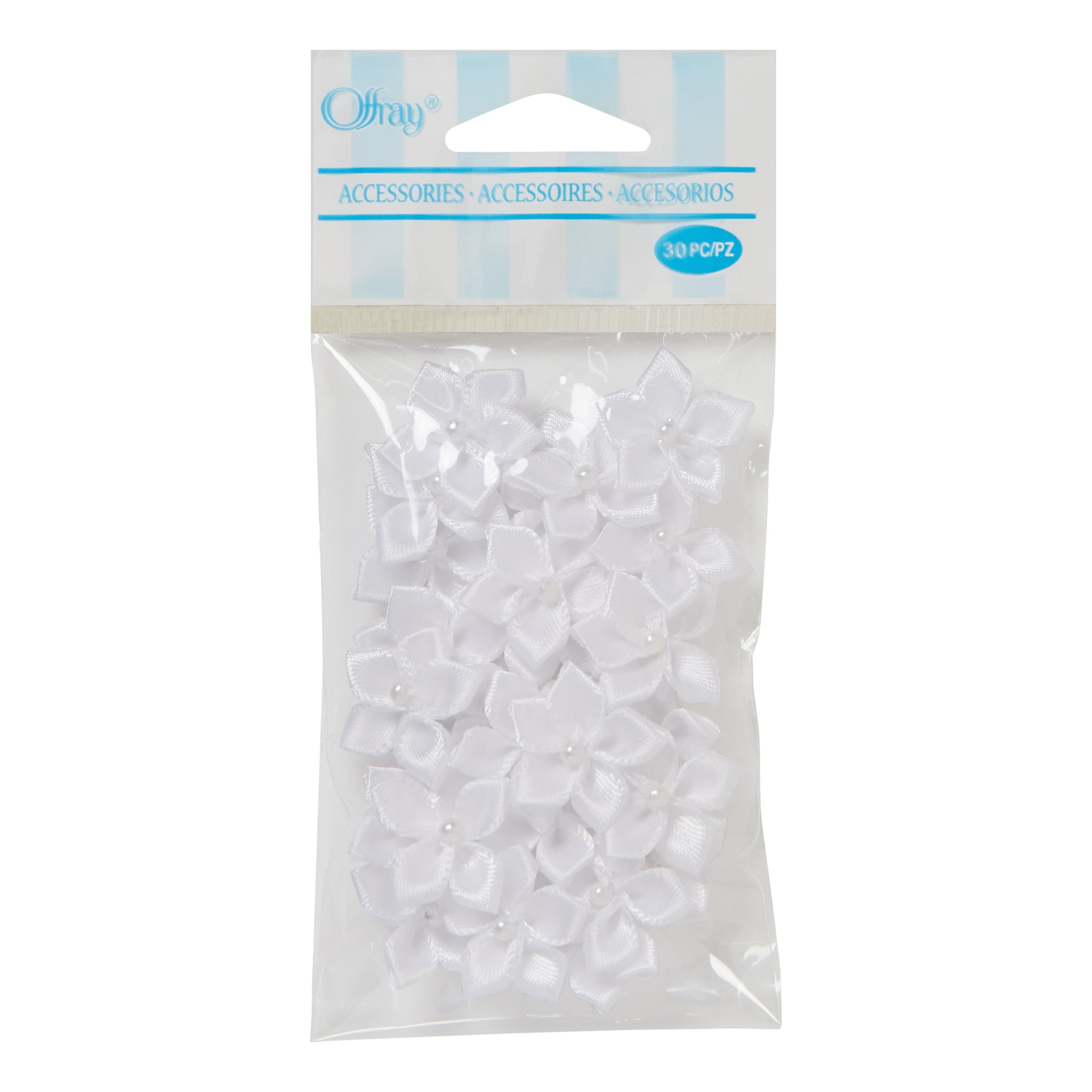 Offray Accessories, White 3/4 inch Value Pack 5 Petal Flower with Pearl Accessory for Wedding, Hair Clips, and Scrapbooking, 30 count, 1 Package