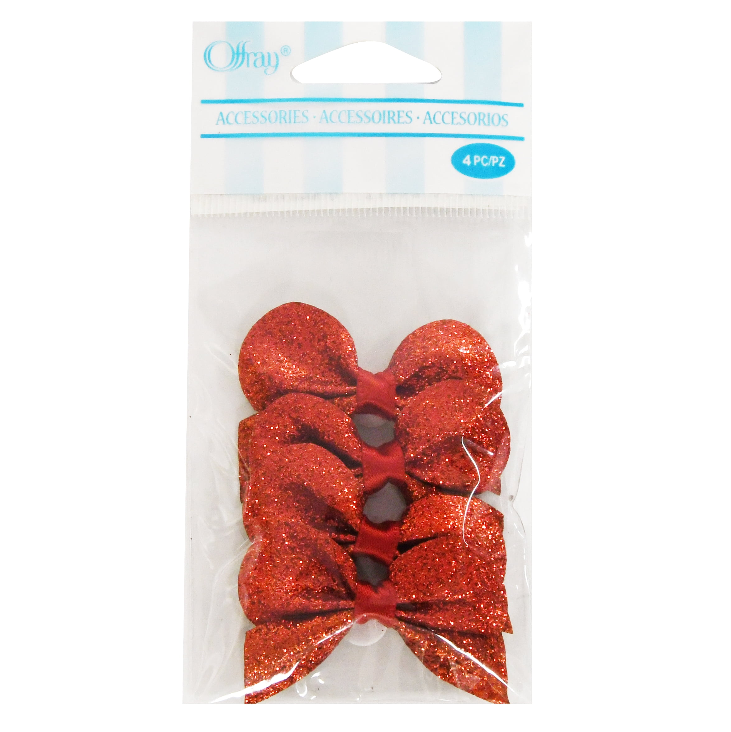 Offray Embellishments, 2" Glitter Bows, Red, 4 Piece, Hand Made