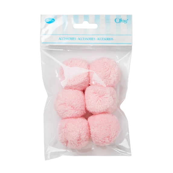 Offray Pink, Acrylic Yarn Pom-Poms, 6 Count, Size: 1 1/2" Diameter, Hand Made