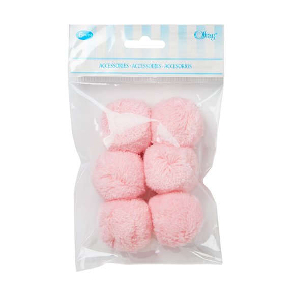Offray Pink, Acrylic Yarn Pom-Poms, 6 Count, Size: 1 1/2" Diameter, Hand Made