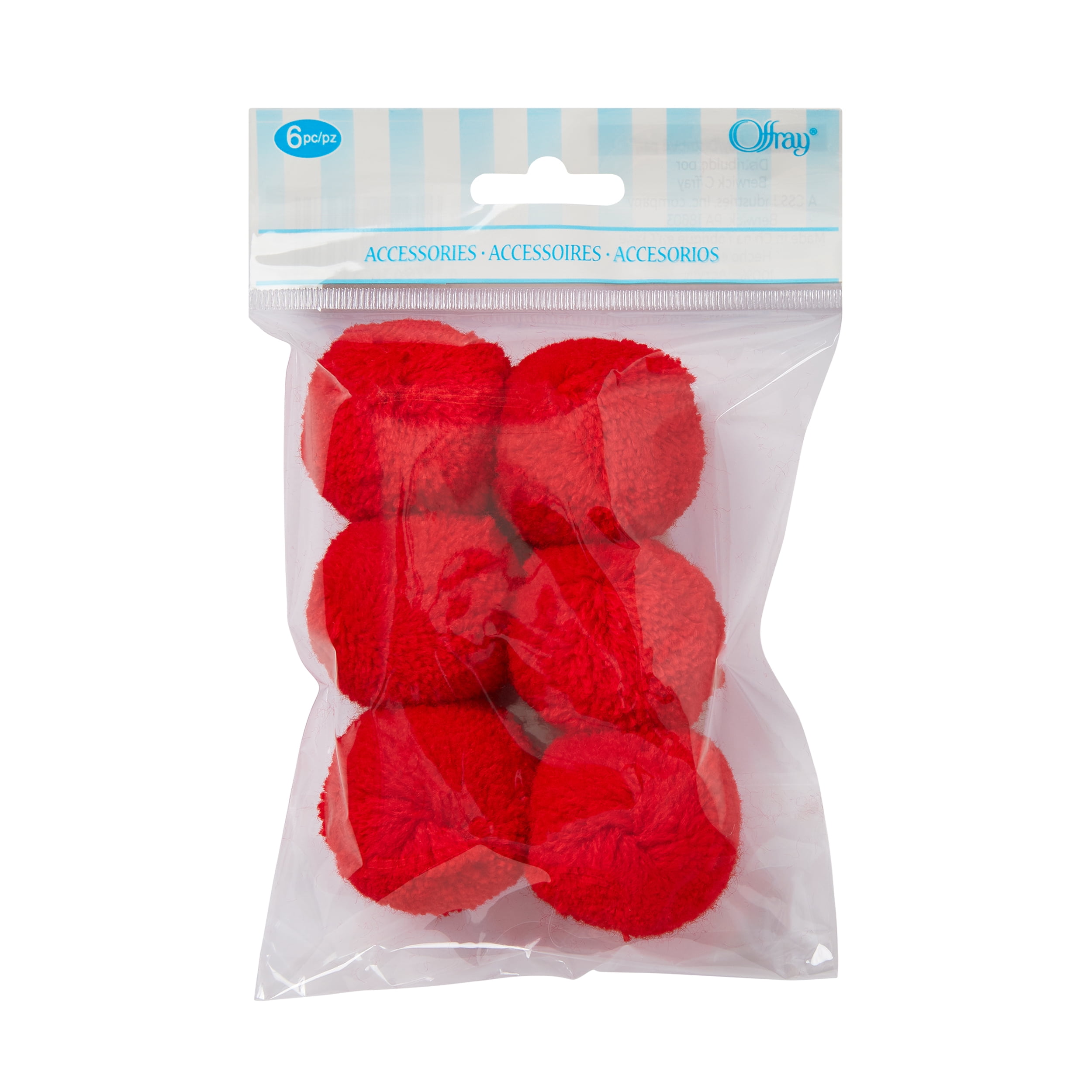 Offray Red 1 1/2" Acrylic Yarn Pom Poms great for decorating apparel and creative DIY craft ideas, 6 Count, 1 Package