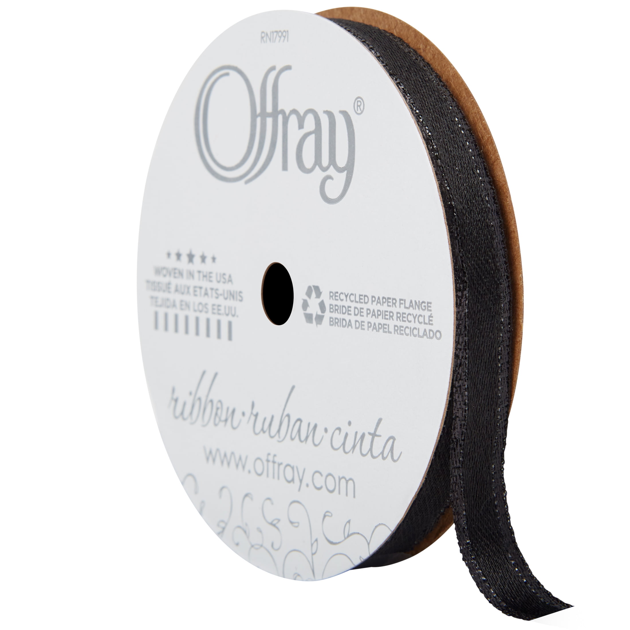 Offray Ribbon, Black 3/8 inch Metallic Ribbon for Wedding, Crafts