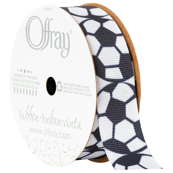 Offray Ribbon, Black White 7/8 inch Soccer Grosgrain Ribbon, 9 feet