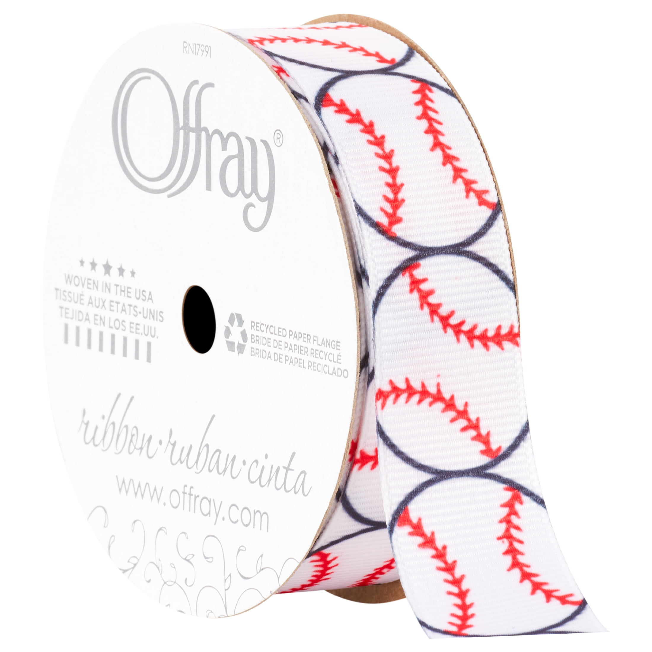 Offray Ribbon, Black White Red 7/8 inch Baseball Grosgrain Ribbon, 9 feet