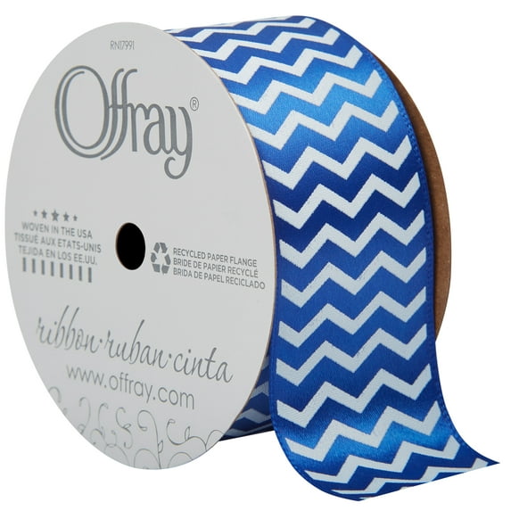 Offray Ribbon, Chevron Royal Blue 1 1/2 inch Single Face Satin Polyester Ribbon for Sewing, Crafts, and Gifting, 9 feet, 1 Each