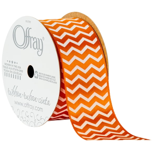 Offray Ribbon, Chevron Torrid Orange 1 1/2 inch Single Face Satin Polyester Ribbon, 9 feet