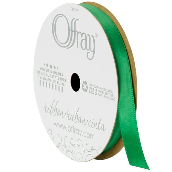 Offray Ribbon, Emerald Green 3/8 inch Single Face Satin Polyester Ribbon, 18 feet