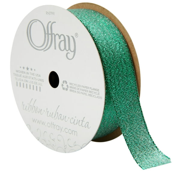Offray Ribbon, Emerald Green 7/8 inch Galena Metallic Ribbon, 9 feet