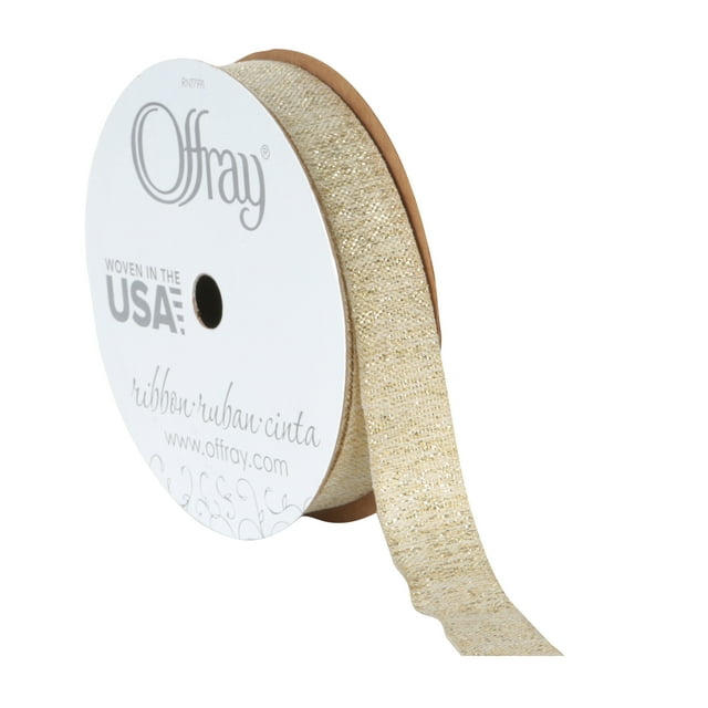 Offray Ribbon, Ivory 5/8 inch Gold Stitching Woven Ribbon, 9 feet