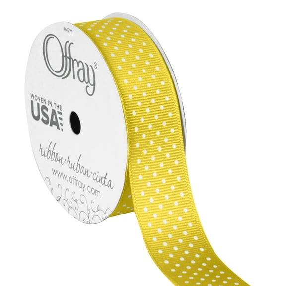 Offray Ribbon, Maize Yellow with Polka Dot 7/8 inch Grosgrain Polyester Ribbon, 9 feet