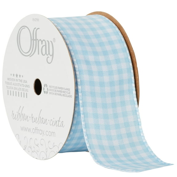 Offray Ribbon, Powder Blue 1 1/2 inch Gingham Check Woven Ribbon, 9 feet