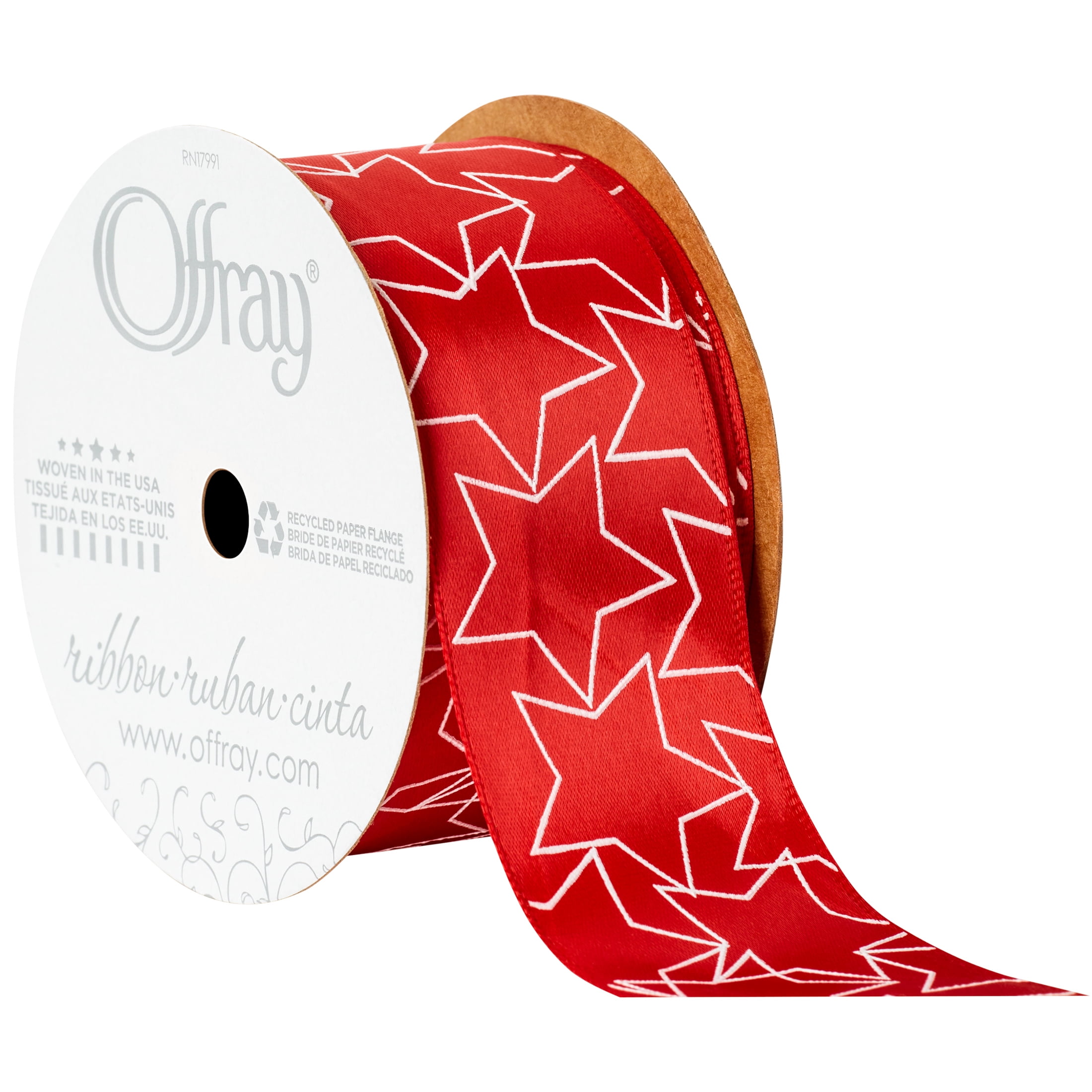 Offray Ribbon, Red 1 1/2 inch Stars Satin Ribbon for Sewing, Crafts, and Gifting, 9 feet, 1 Each