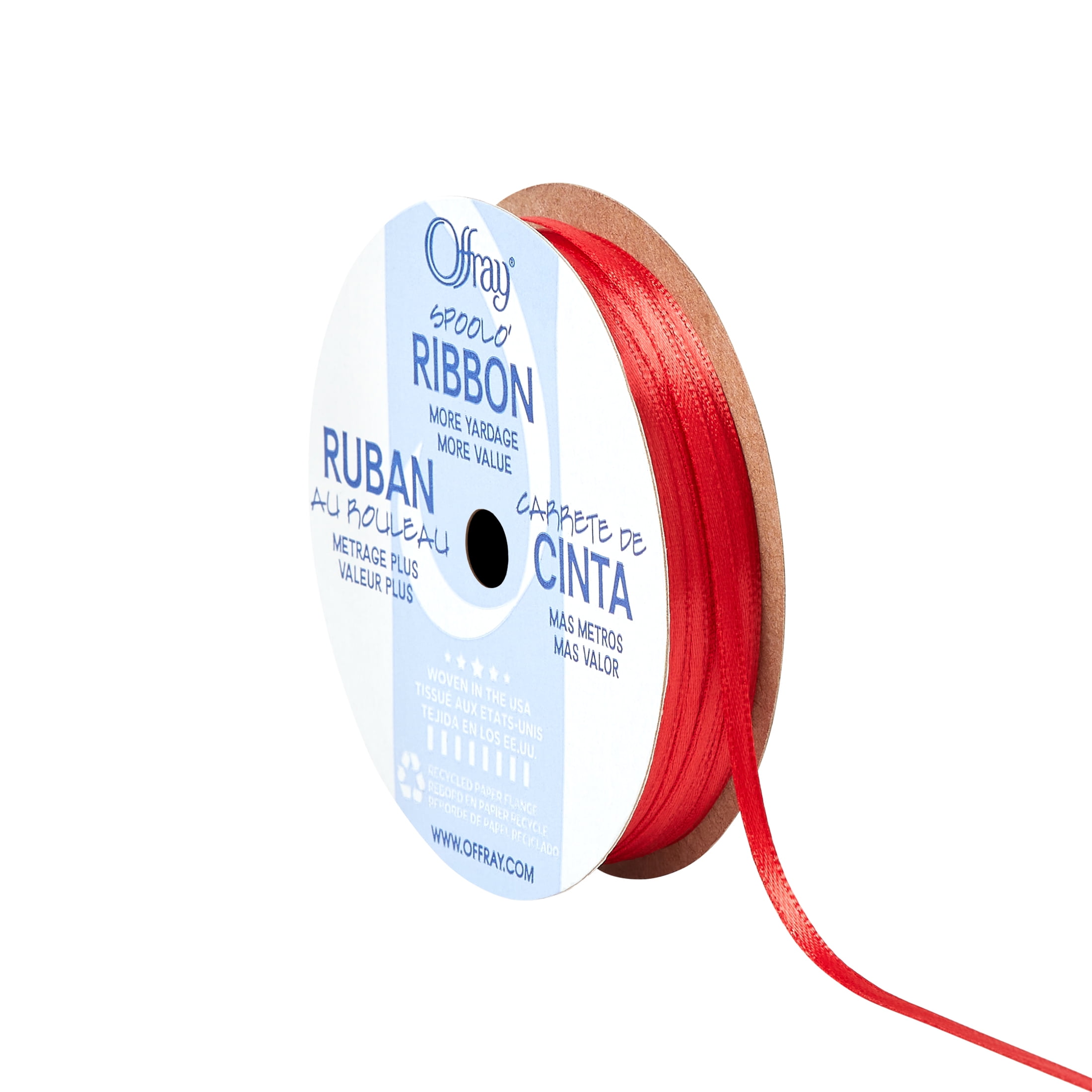 Offray Ribbon, Red 1/8 inch Double Faced Satin Polyester Ribbon, 10 yards