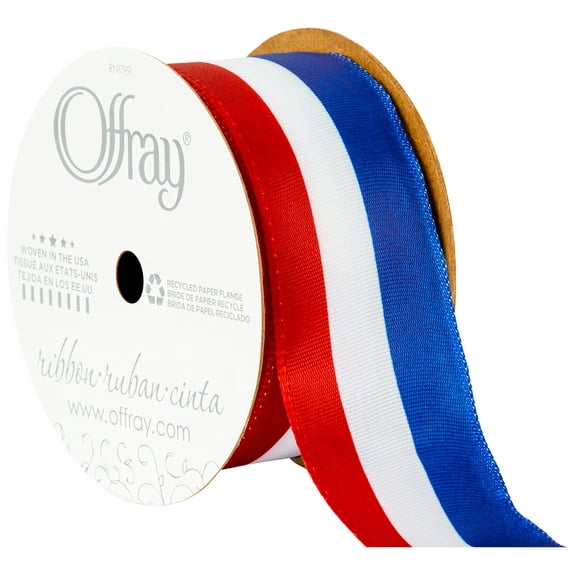 Offray Ribbon, Red White Blue 1 1/2 inch Wired Patriotic Satin Ribbon for Floral, Crafts, and Decor, 9 feet, 1 Each