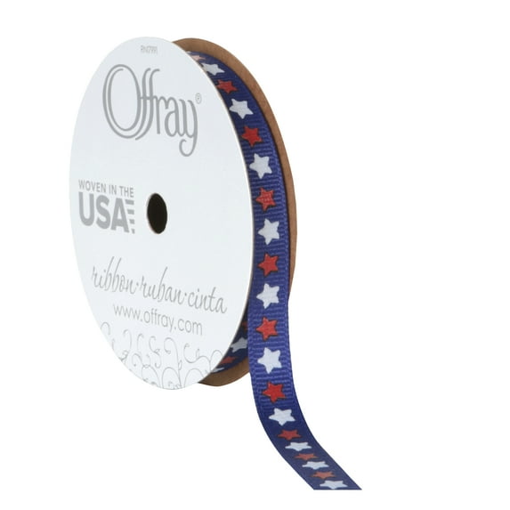 Offray Ribbon, Royal Blue 3/8 inch Stars Grosgrain Ribbon, 9 feet