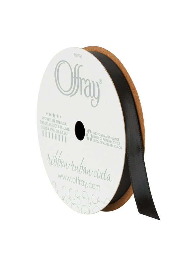 Ribbon, Single Face Satin Ribbon, Black, 3/8" x 18 feet, Polyester Ribbon, 1 Each