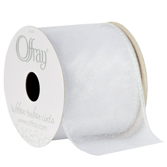 Offray Ribbon, White 2 1/2 inch Wired Edge Sheer Metallic Ribbon, 9 feet