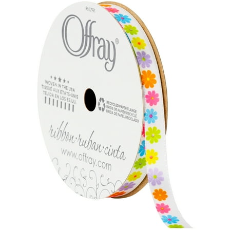 Offray Ribbon, White 3/8 inch Bright Flowers Satin Ribbon, 9 feet
