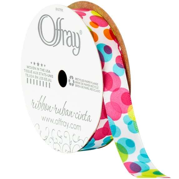 Offray Ribbon, White 5/8 inch Dots Satin Ribbon for Sewing, Crafts, and Gifting, ,9 feet, 1 Each