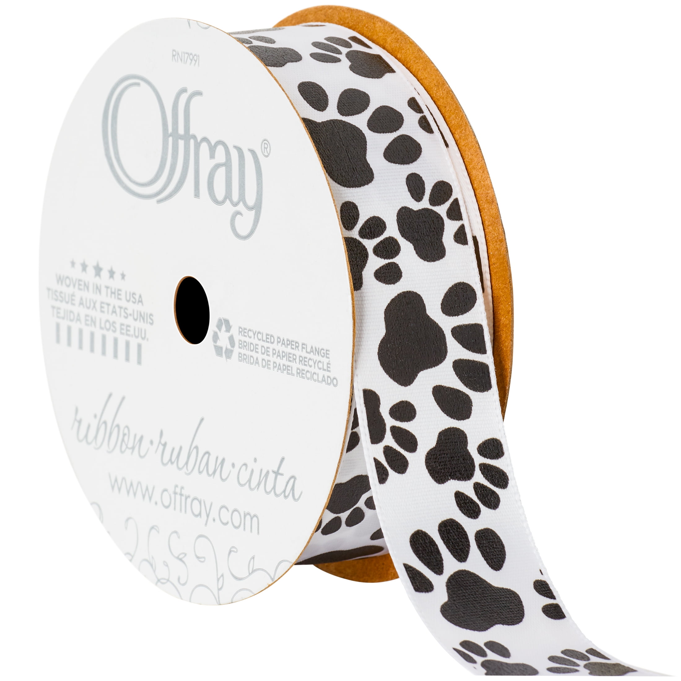 Offray Ribbon, White 7/8 inch Black Paw Print Satin Ribbon for Sewing ...
