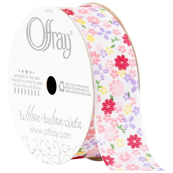 Offray Ribbon, White 7/8 inch Floral Grosgrain Ribbon, 9 feet
