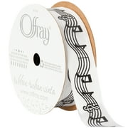 Offray Ribbon, White 7/8 inch Musical Notes Satin Ribbon, 9 feet