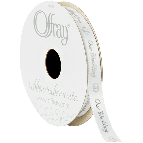Offray Ribbon, White and Silver 3/8 inch Our Wedding Expression Ribbon, 9 feet