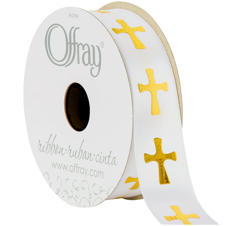 Offray Ribbon, White with Gold Cross 7/8 inch Polyester Ribbon,, 9 feet